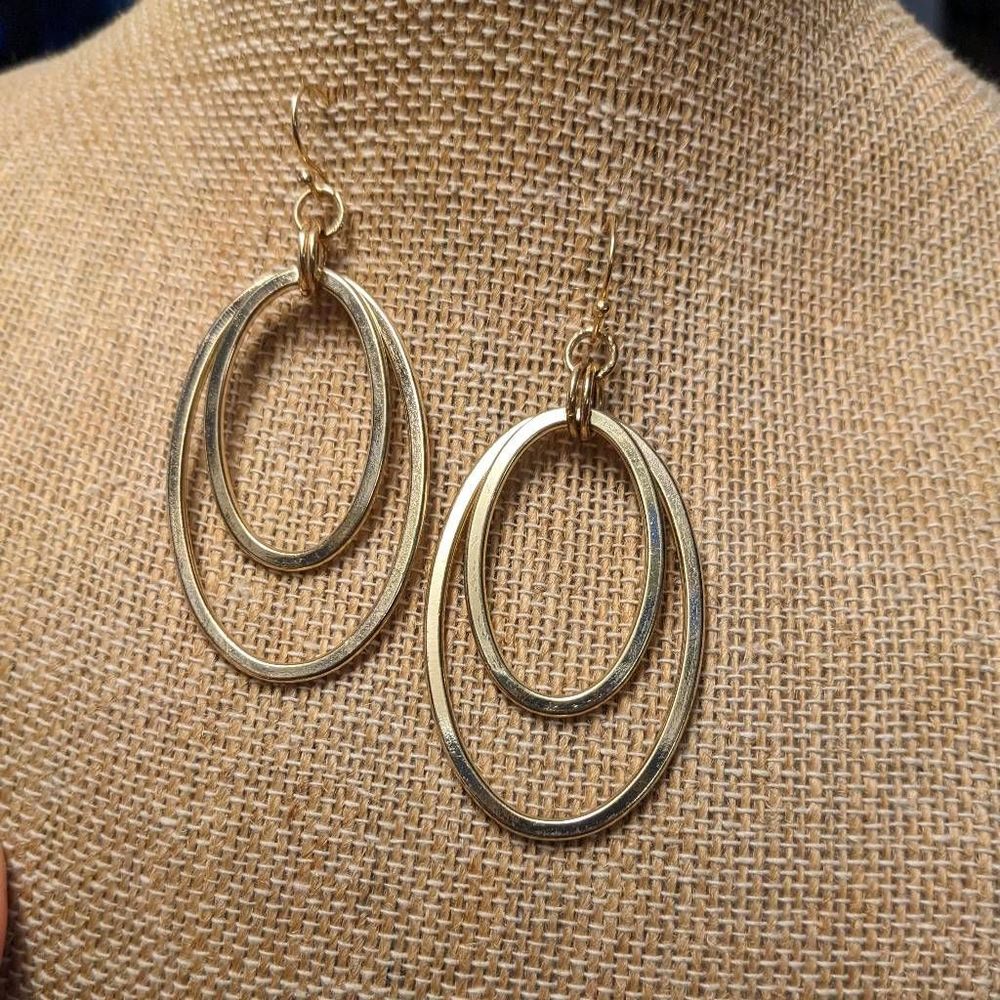 Gold Tone Double Oval Dangle Earrings; Fashion; White Gold Plated; lightweight